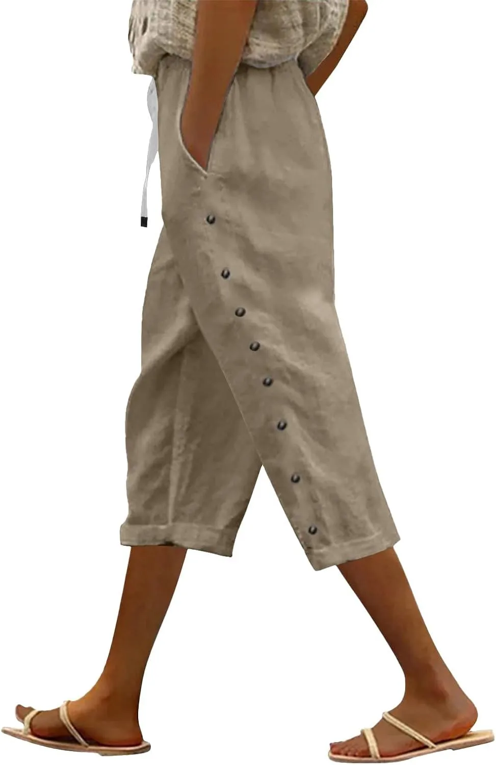Capri Pants for Women Summer High Waist Elastic Straight Leg Lounge Pant Lightweight Side Button Beach Trousers