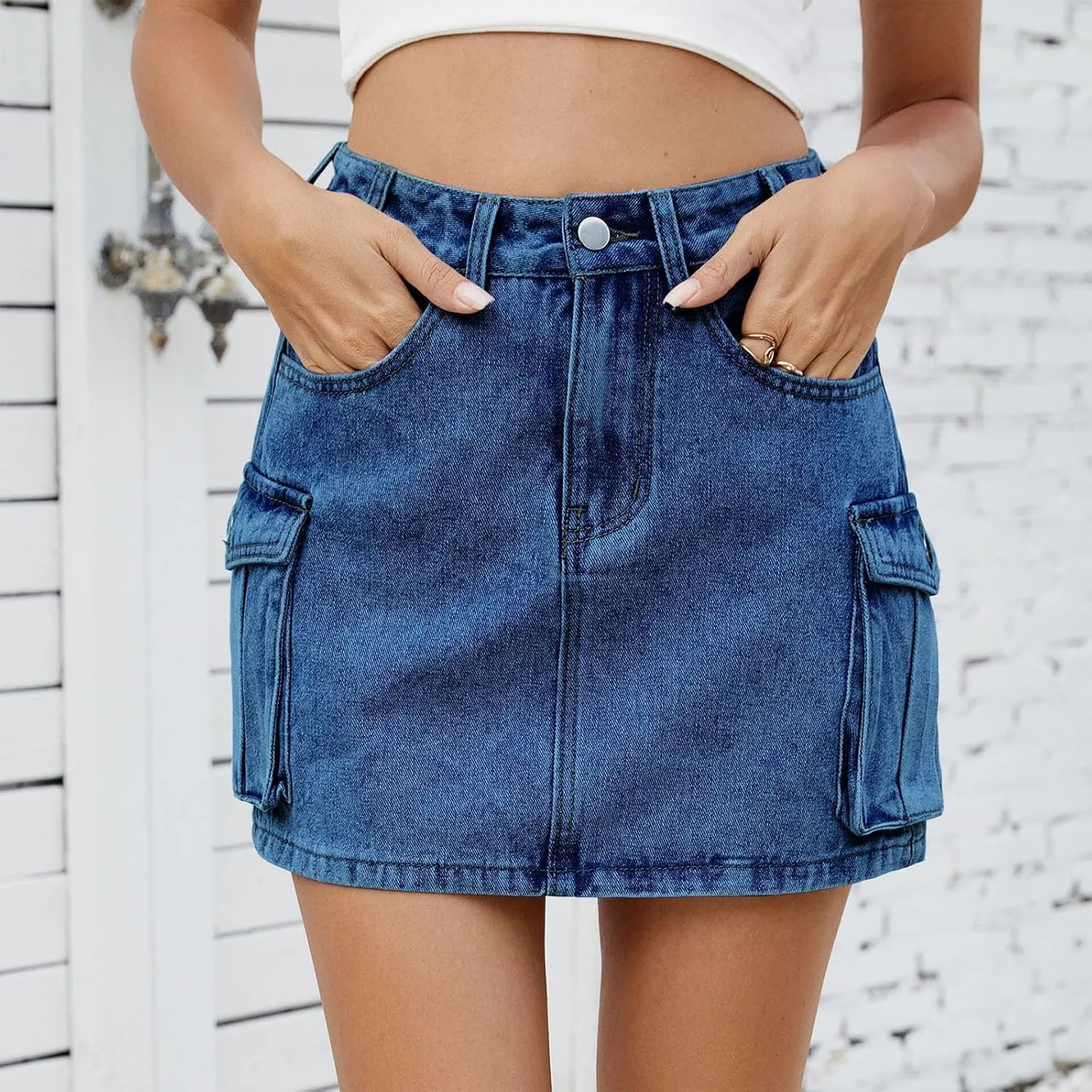 Cargo Skirt for Women Low Waist Y2k Mini Denim Skirt Cute Casual Jean Skirts Button Down Streetwear with Pockets