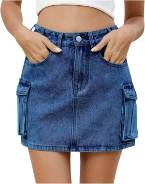 Cargo Skirt for Women Low Waist Y2k Mini Denim Skirt Cute Casual Jean Skirts Button Down Streetwear with Pockets
