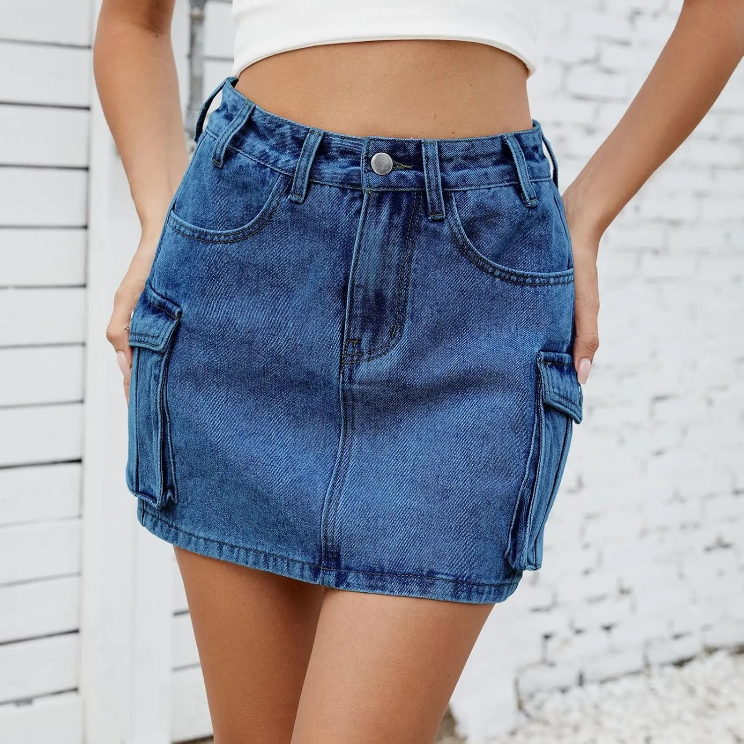 Cargo Skirt for Women Low Waist Y2k Mini Denim Skirt Cute Casual Jean Skirts Button Down Streetwear with Pockets