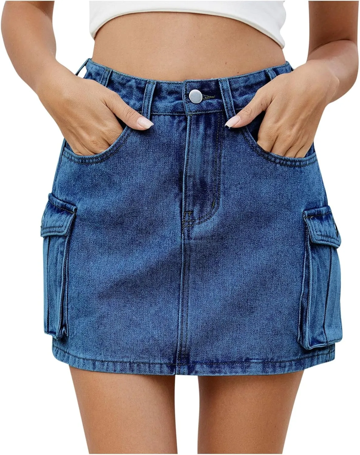 Cargo Skirt for Women Low Waist Y2k Mini Denim Skirt Cute Casual Jean Skirts Button Down Streetwear with Pockets