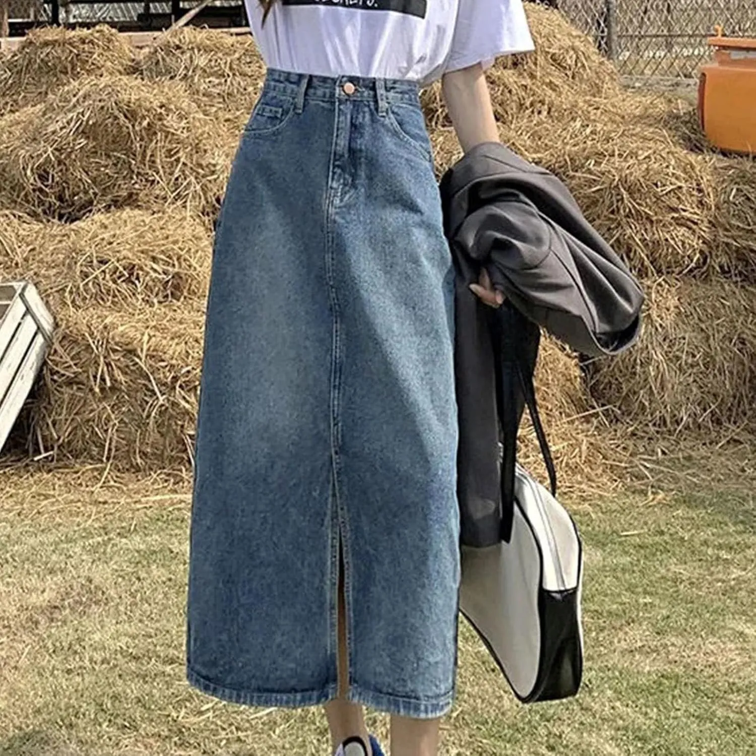 Cargo Skirts for Women with Pocket Midi Length Denim Skirt High Waisted Maxi Skirt Tie Split Jean Skirt Summer Skirts