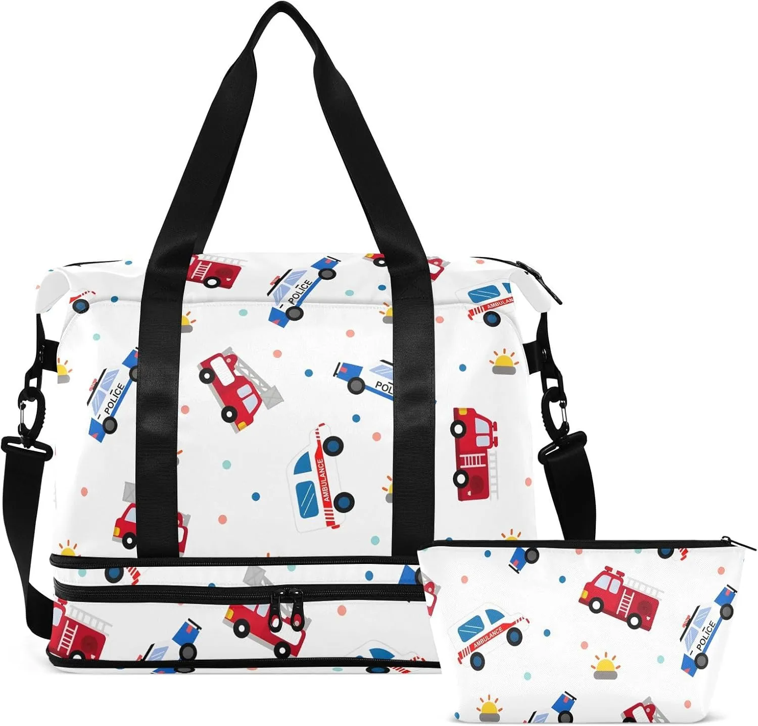Cartoon Fire Trucks Travel Personal Item Bag Expandable Gym Duffle Bag for Women, Carry on Tote Bags for Women with Wet Pocket and Shoes Compartment