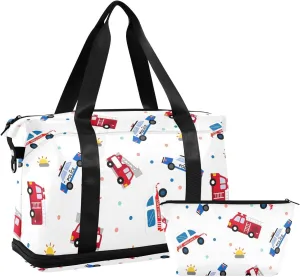 Cartoon Fire Trucks Travel Personal Item Bag Expandable Gym Duffle Bag for Women, Carry on Tote Bags for Women with Wet Pocket and Shoes Compartment