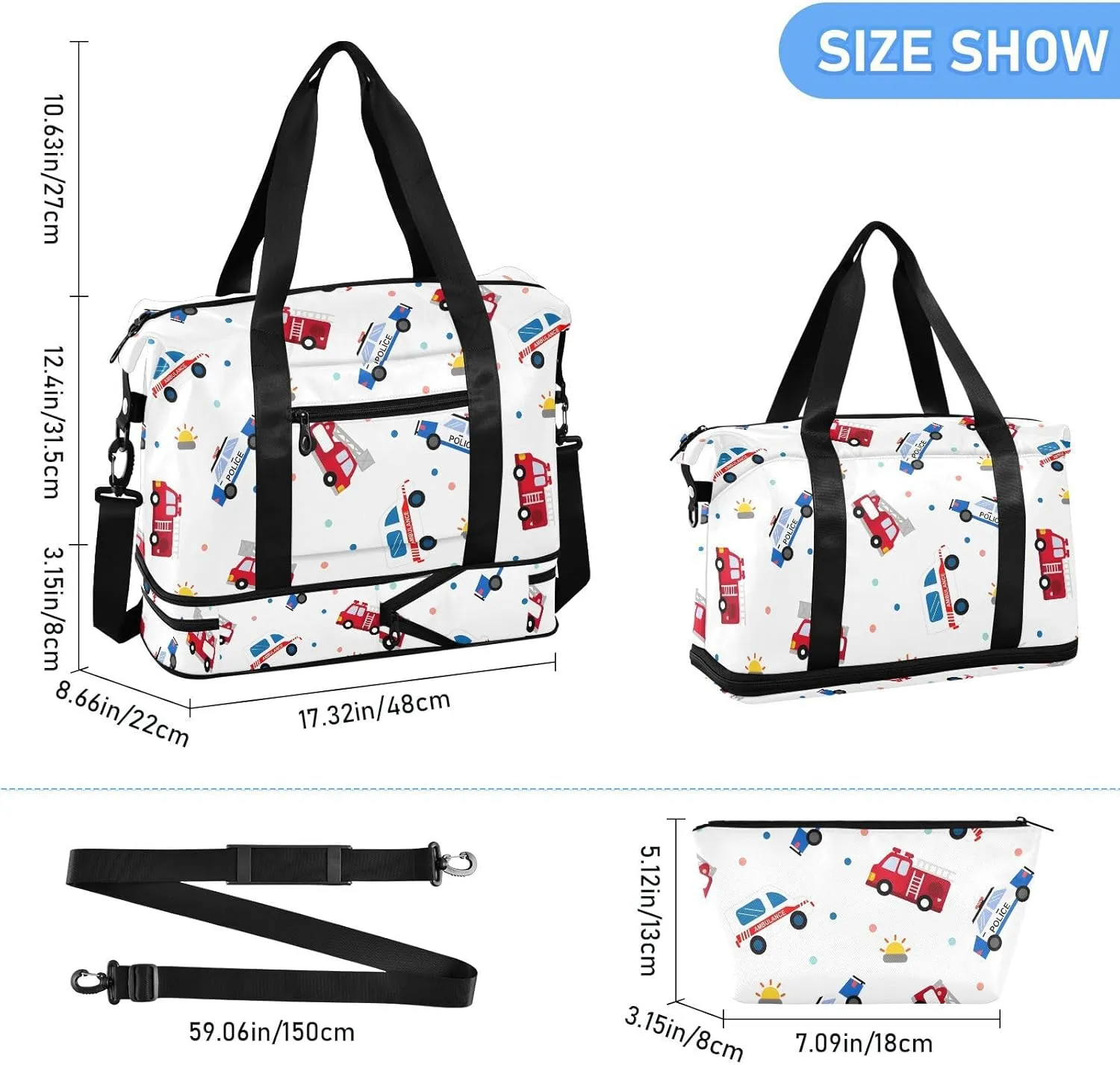 Cartoon Fire Trucks Travel Personal Item Bag Expandable Gym Duffle Bag for Women, Carry on Tote Bags for Women with Wet Pocket and Shoes Compartment