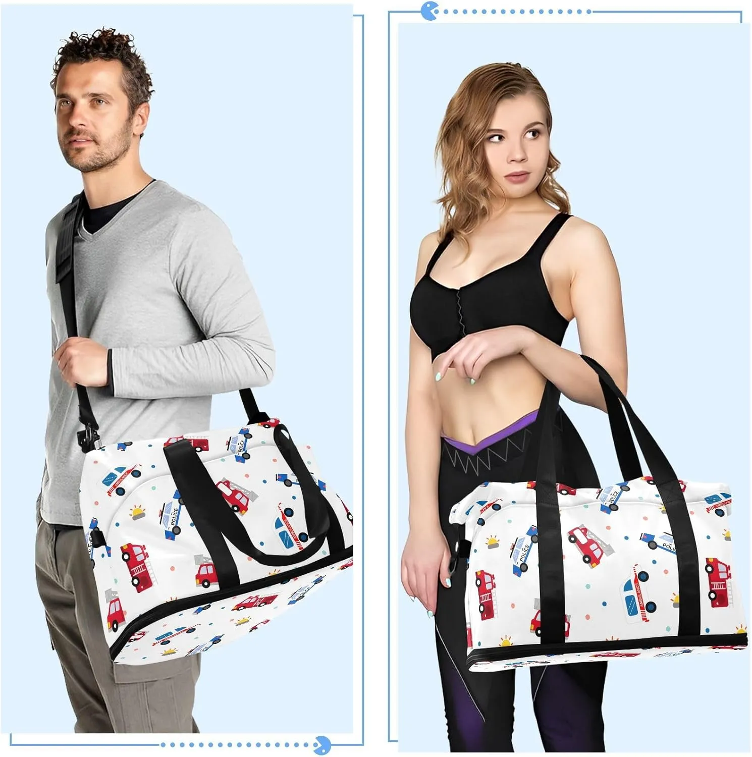 Cartoon Fire Trucks Travel Personal Item Bag Expandable Gym Duffle Bag for Women, Carry on Tote Bags for Women with Wet Pocket and Shoes Compartment
