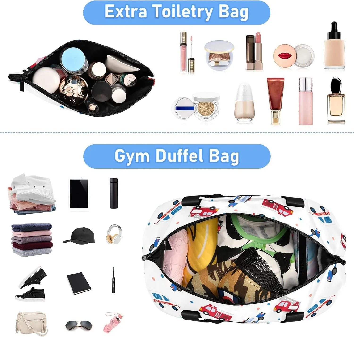 Cartoon Fire Trucks Travel Personal Item Bag Expandable Gym Duffle Bag for Women, Carry on Tote Bags for Women with Wet Pocket and Shoes Compartment
