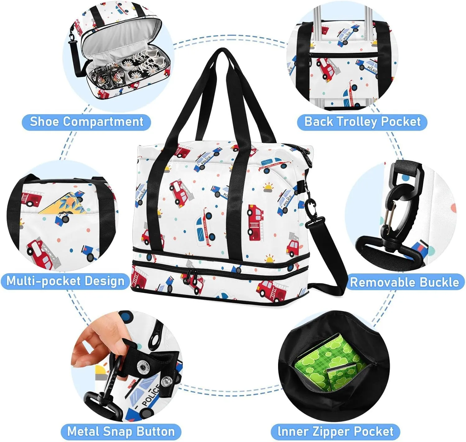 Cartoon Fire Trucks Travel Personal Item Bag Expandable Gym Duffle Bag for Women, Carry on Tote Bags for Women with Wet Pocket and Shoes Compartment