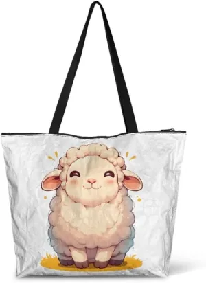 Cartoon Husky Dog Sheep Women Tote Paper Bag, Countryside Flower Hand Bag, Geometric Art Commute Bag for Work