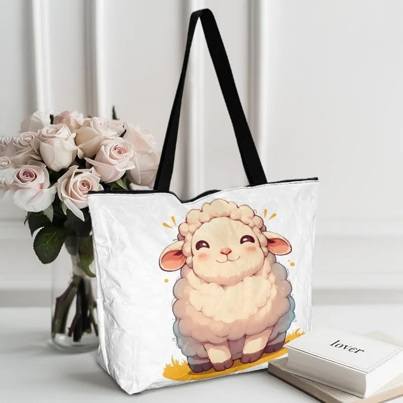 Cartoon Husky Dog Sheep Women Tote Paper Bag, Countryside Flower Hand Bag, Geometric Art Commute Bag for Work