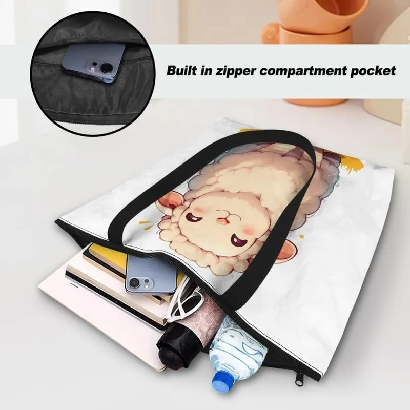Cartoon Husky Dog Sheep Women Tote Paper Bag, Countryside Flower Hand Bag, Geometric Art Commute Bag for Work