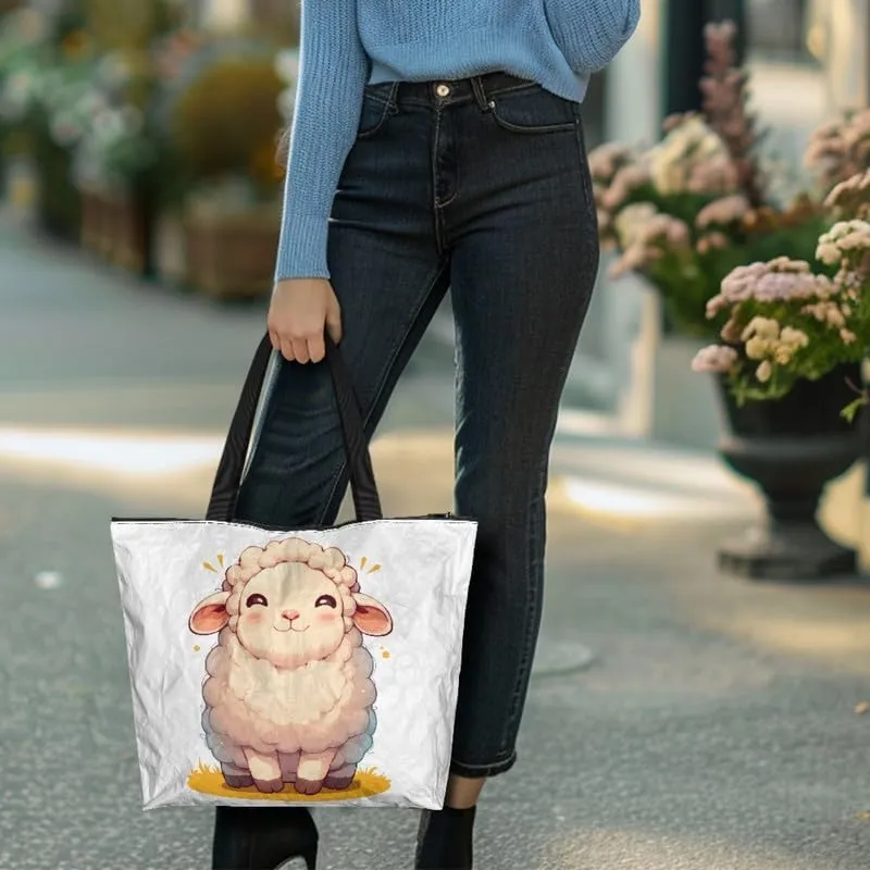 Cartoon Husky Dog Sheep Women Tote Paper Bag, Countryside Flower Hand Bag, Geometric Art Commute Bag for Work
