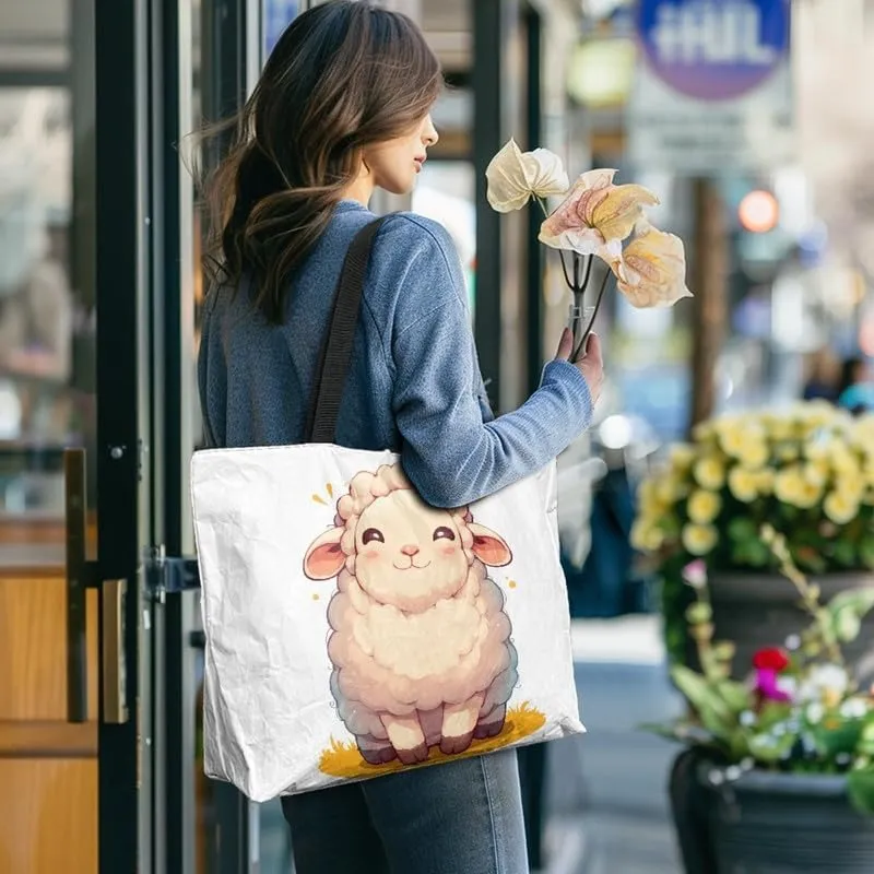 Cartoon Husky Dog Sheep Women Tote Paper Bag, Countryside Flower Hand Bag, Geometric Art Commute Bag for Work