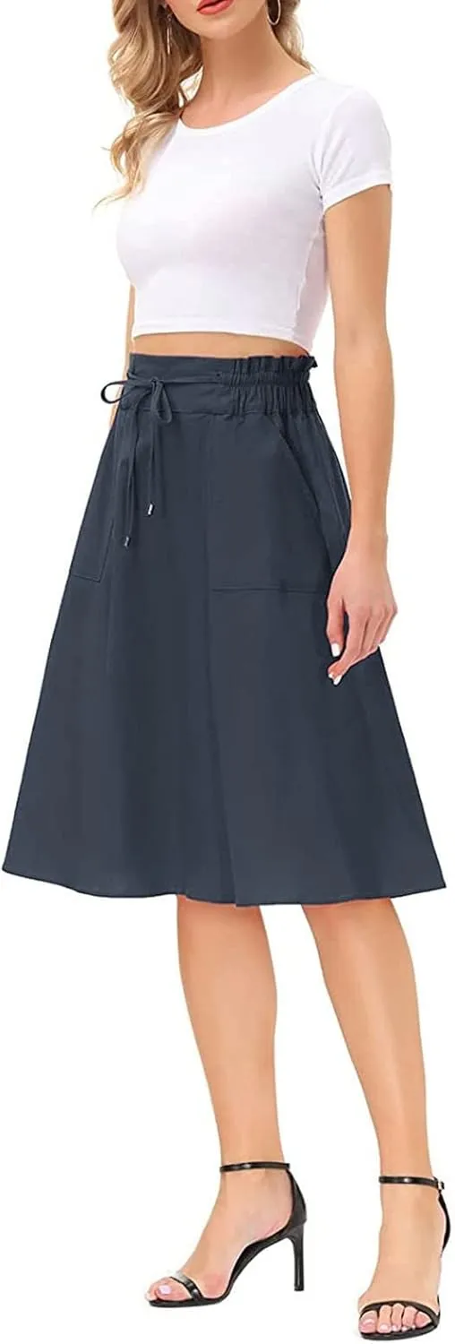 Casual Skirts for Women High Waisted A-Line Midi Length Bohemian Skirt Side Pockets Adjustable Belt Tiered Ruffles