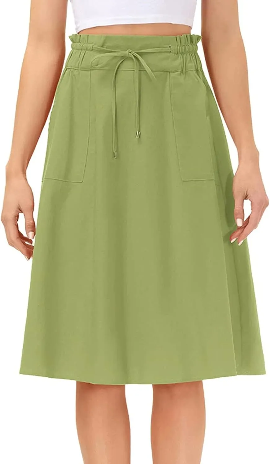 Casual Skirts for Women High Waisted A-Line Midi Length Bohemian Skirt Side Pockets Adjustable Belt Tiered Ruffles