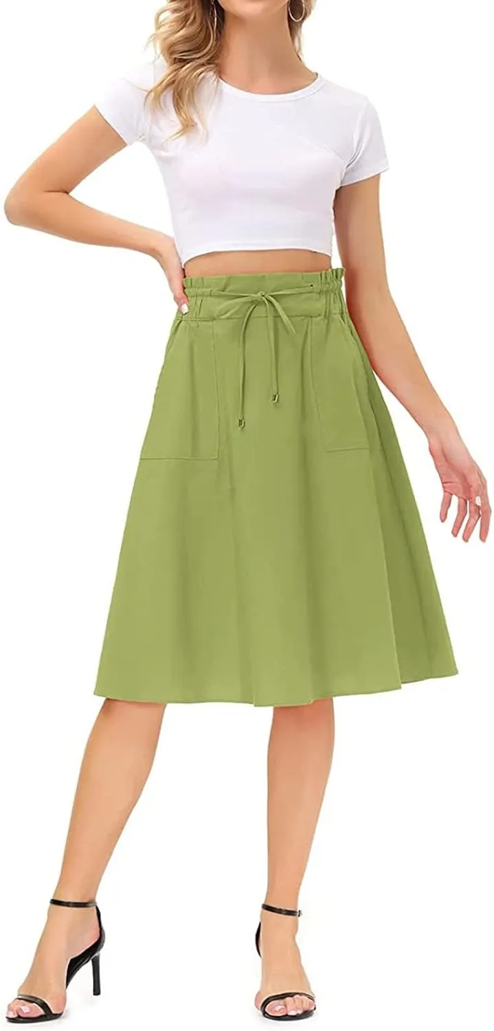 Casual Skirts for Women High Waisted A-Line Midi Length Bohemian Skirt Side Pockets Adjustable Belt Tiered Ruffles