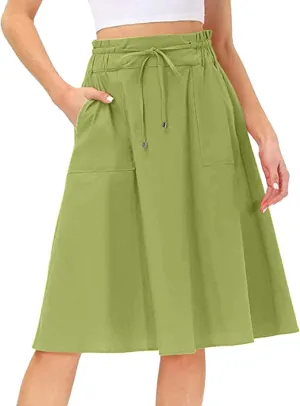 Casual Skirts for Women High Waisted A-Line Midi Length Bohemian Skirt Side Pockets Adjustable Belt Tiered Ruffles