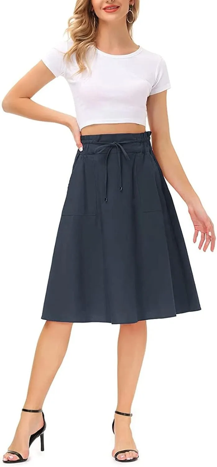 Casual Skirts for Women High Waisted A-Line Midi Length Bohemian Skirt Side Pockets Adjustable Belt Tiered Ruffles