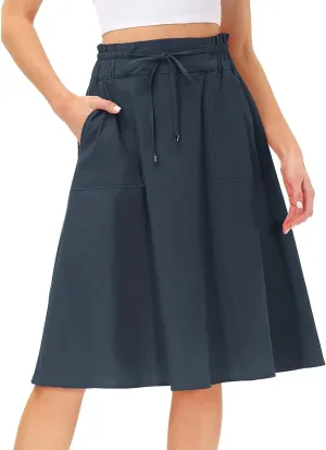 Casual Skirts for Women High Waisted A-Line Midi Length Bohemian Skirt Side Pockets Adjustable Belt Tiered Ruffles