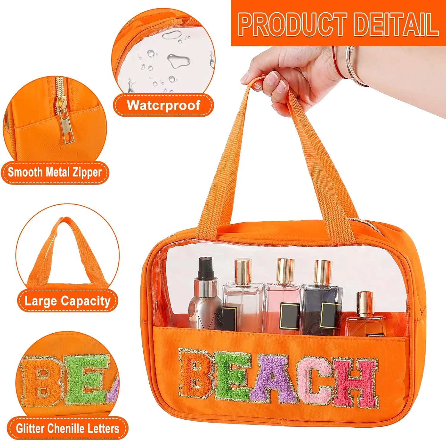 Chenille Letter Patch Clear Bag,Preppy Multi-purpose PVC&Nylon Clear Makeup Bag with Handles,Large Travel Makeup Toiletry Storage Zipper Pouch, Tote Bag for Women (Orange-BEACH)