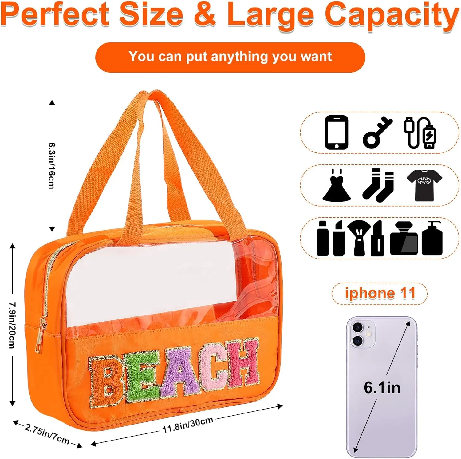 Chenille Letter Patch Clear Bag,Preppy Multi-purpose PVC&Nylon Clear Makeup Bag with Handles,Large Travel Makeup Toiletry Storage Zipper Pouch, Tote Bag for Women (Orange-BEACH)