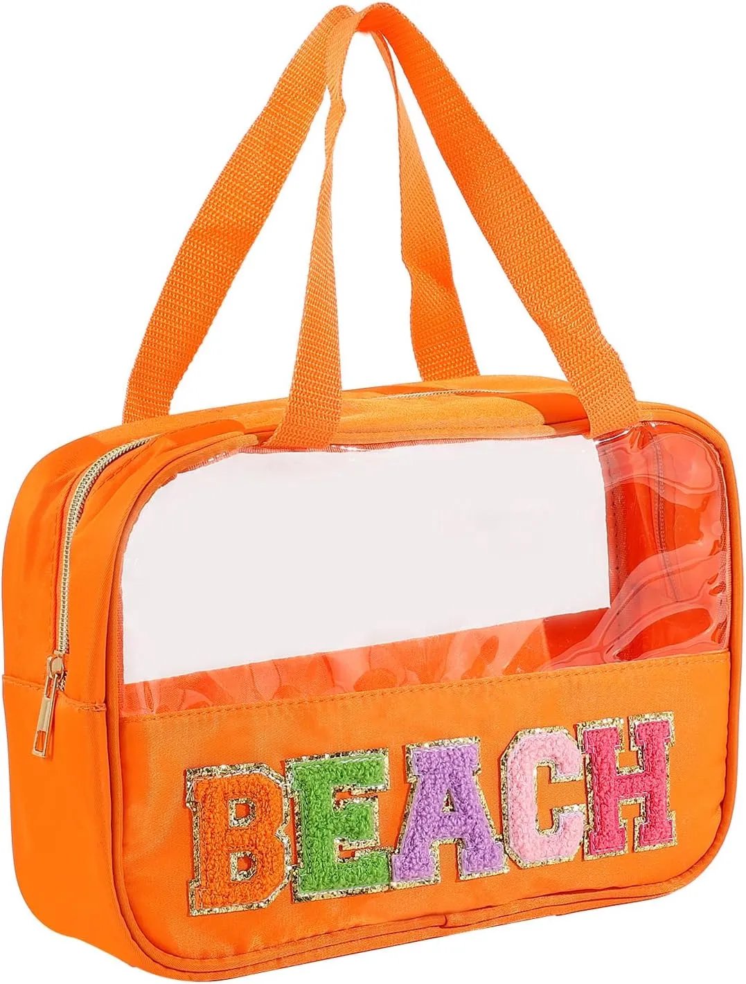 Chenille Letter Patch Clear Bag,Preppy Multi-purpose PVC&Nylon Clear Makeup Bag with Handles,Large Travel Makeup Toiletry Storage Zipper Pouch, Tote Bag for Women (Orange-BEACH)