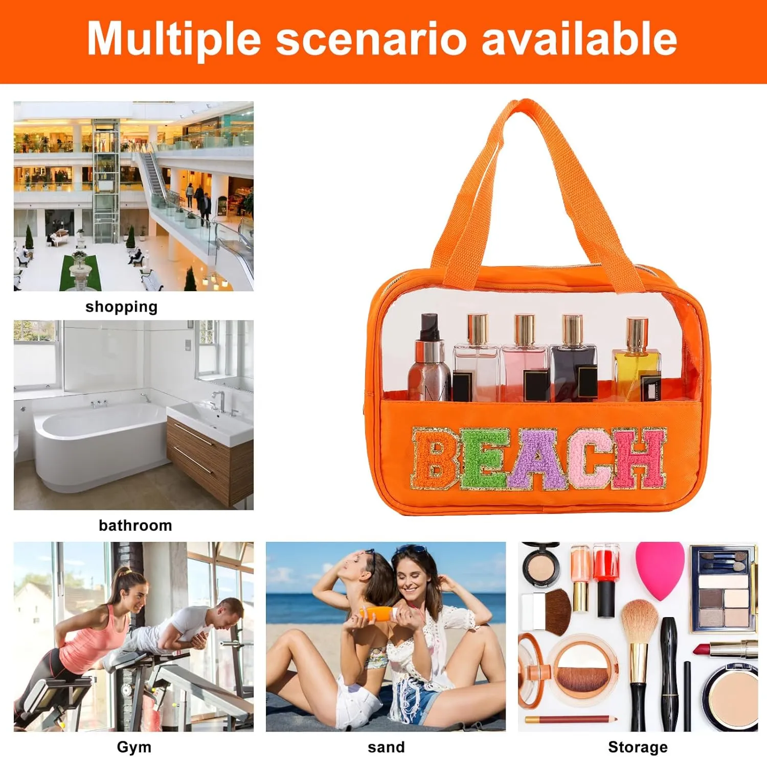 Chenille Letter Patch Clear Bag,Preppy Multi-purpose PVC&Nylon Clear Makeup Bag with Handles,Large Travel Makeup Toiletry Storage Zipper Pouch, Tote Bag for Women (Orange-BEACH)