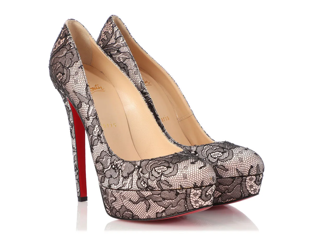 Christian Louboutin Pink Satin and Black Lace Platform Pumps