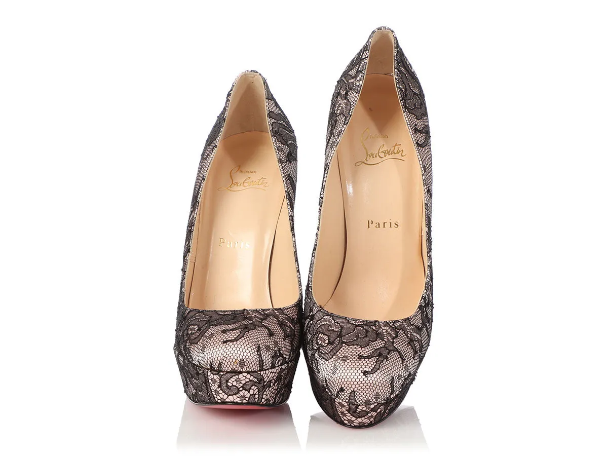 Christian Louboutin Pink Satin and Black Lace Platform Pumps