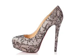 Christian Louboutin Pink Satin and Black Lace Platform Pumps