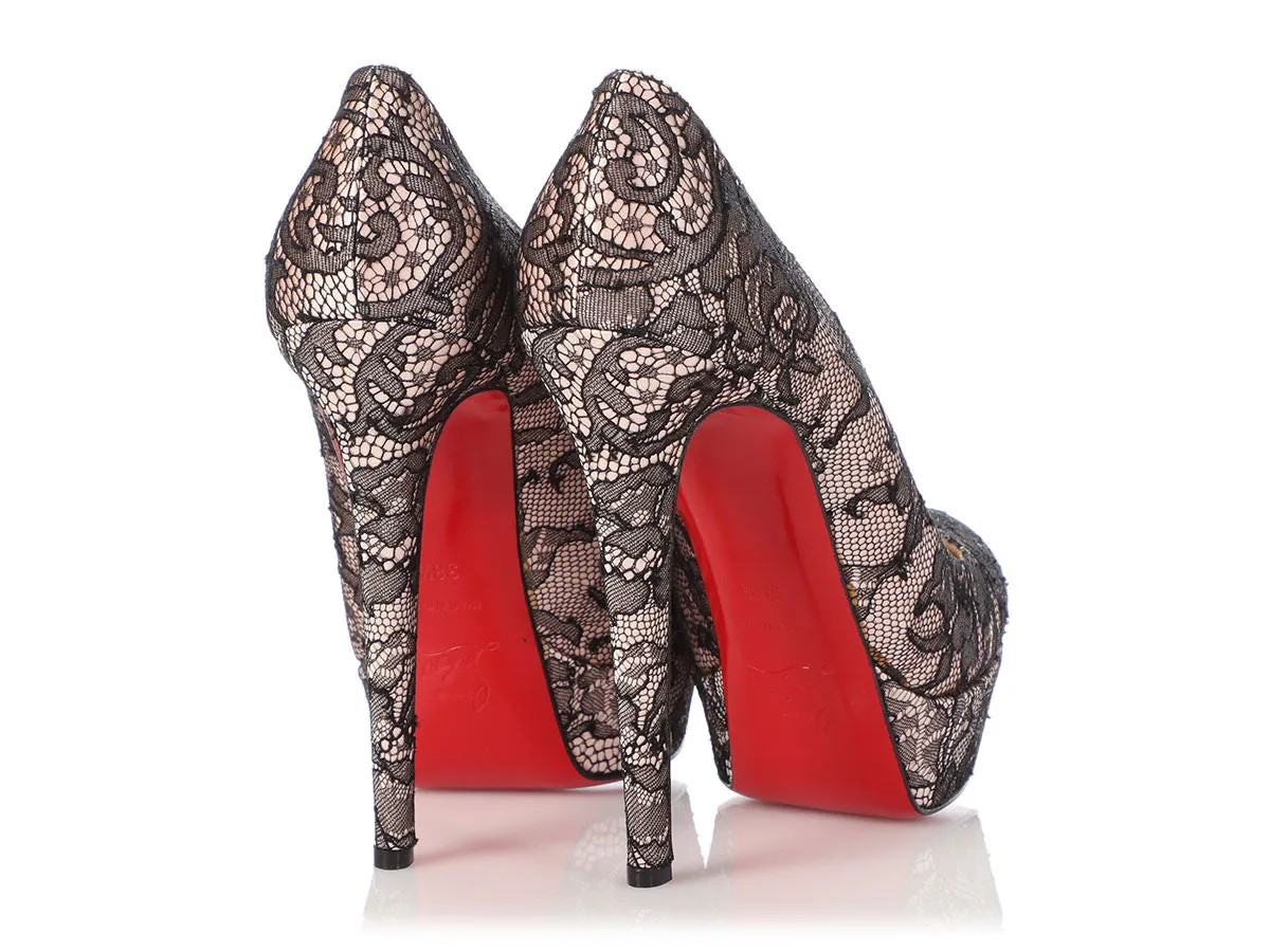 Christian Louboutin Pink Satin and Black Lace Platform Pumps