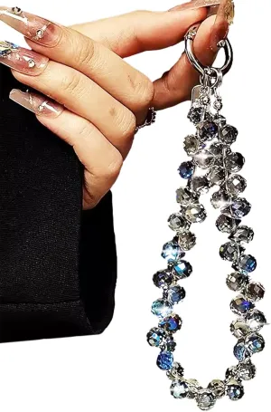 Clear Blue Crystals Beads Pendant Aesthetic Keychain Wristlet Bag Charm Shiny Crystal Bead Chain Car Key Chain Purse Charm Phone Keychain Y2K Glass Crystal Key Chains Women Cute Keychain Accessories