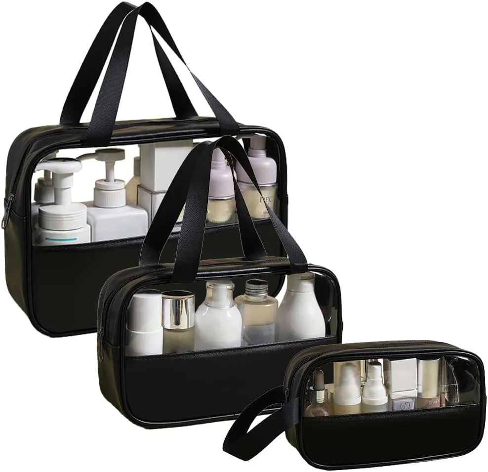 Clear Makeup Bag, Large Clear Toiletry Bag for Travel, Portable Toiletry Bag for Men, Water-repellent Travel Bag Set of 3 (Solid Black)