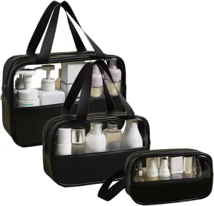 Clear Makeup Bag, Large Clear Toiletry Bag for Travel, Portable Toiletry Bag for Men, Water-repellent Travel Bag Set of 3 (Solid Black)