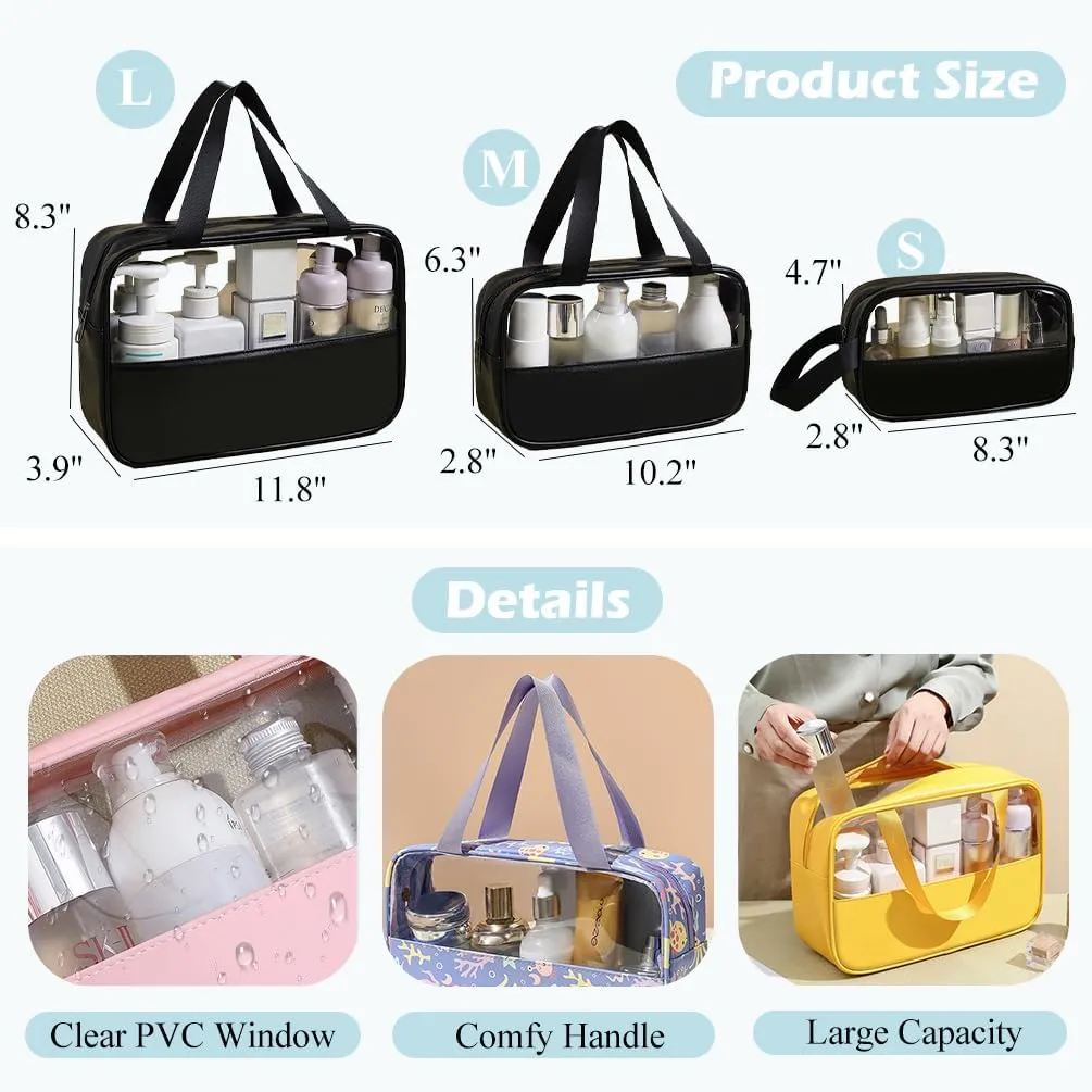 Clear Makeup Bag, Large Clear Toiletry Bag for Travel, Portable Toiletry Bag for Men, Water-repellent Travel Bag Set of 3 (Solid Black)