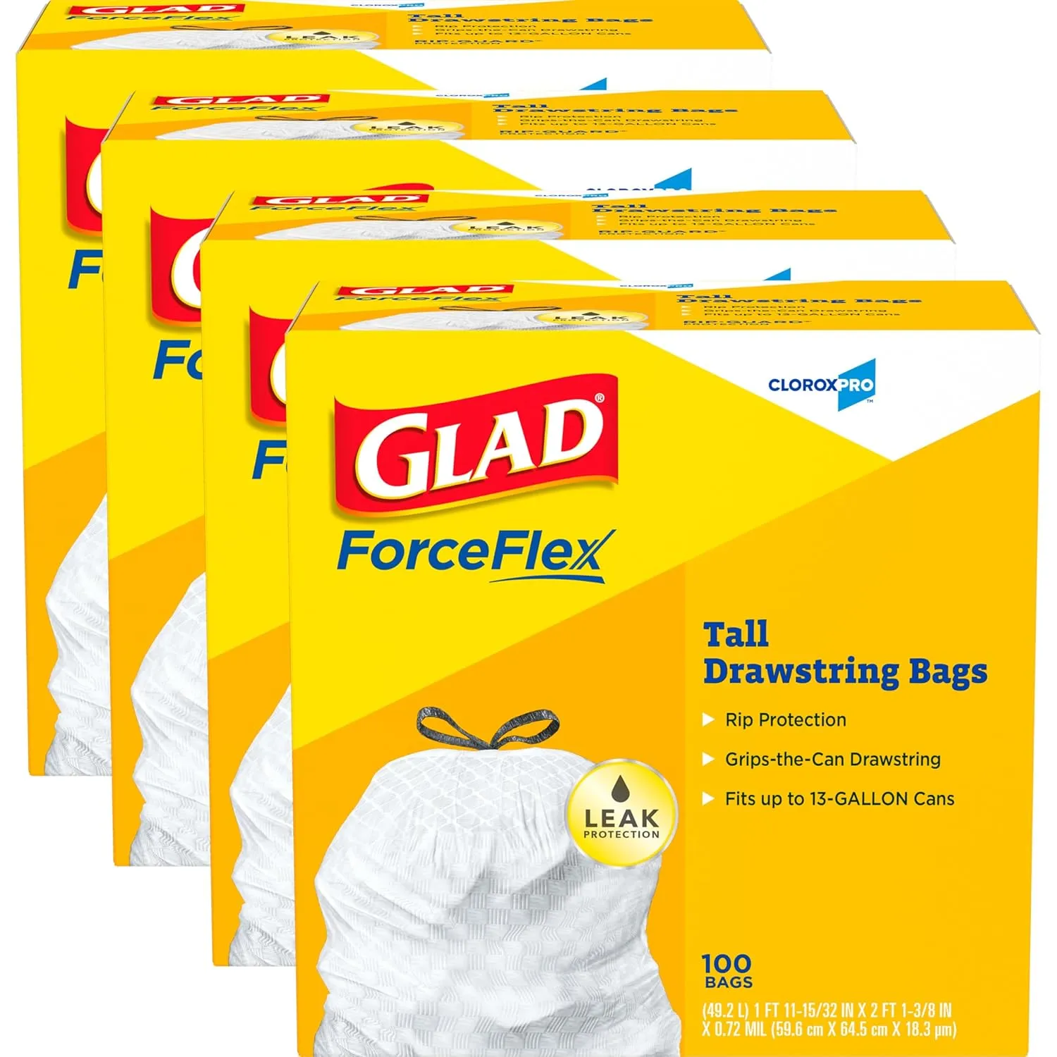 CloroxPro Glad ForceFlex 13 Gallon Tall Kitchen Drawstring Trash Bags, 100 Count, Pack of 4 (Package May Vary)