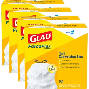 CloroxPro Glad ForceFlex 13 Gallon Tall Kitchen Drawstring Trash Bags, 100 Count, Pack of 4 (Package May Vary)
