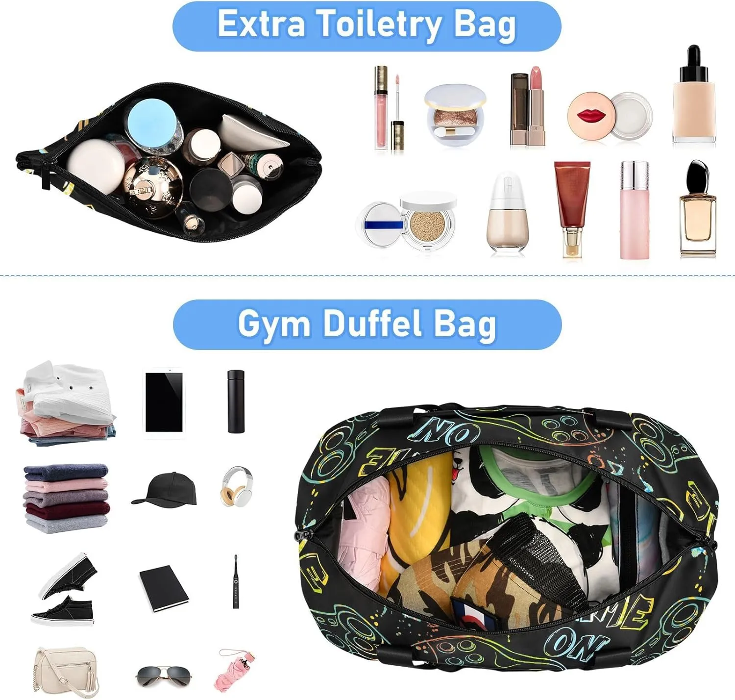 Colorful Game Controllers Black Lightweight Foldable Duffel Bags for Travel Waterproof Big Gym Bag for Men, Mens Carry on Bags for Airplanes with Shoes Compartment