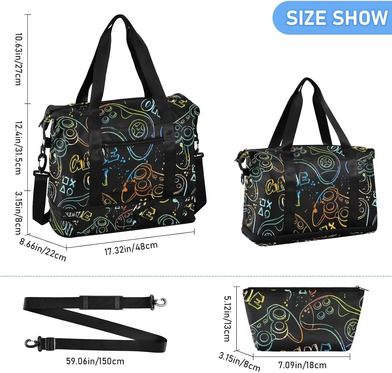 Colorful Game Controllers Black Lightweight Foldable Duffel Bags for Travel Waterproof Big Gym Bag for Men, Mens Carry on Bags for Airplanes with Shoes Compartment