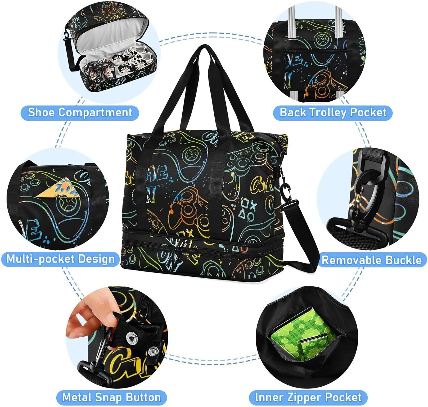 Colorful Game Controllers Black Lightweight Foldable Duffel Bags for Travel Waterproof Big Gym Bag for Men, Mens Carry on Bags for Airplanes with Shoes Compartment
