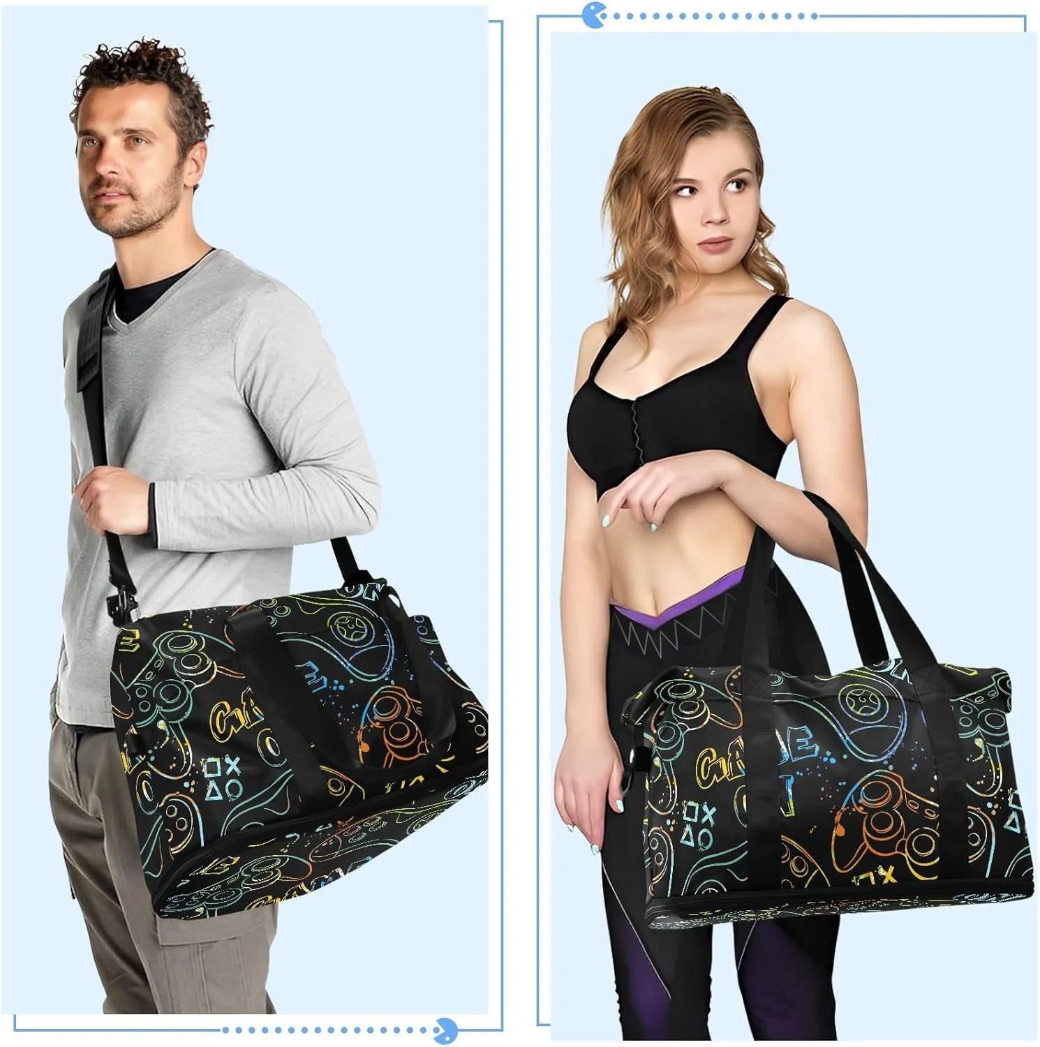 Colorful Game Controllers Black Lightweight Foldable Duffel Bags for Travel Waterproof Big Gym Bag for Men, Mens Carry on Bags for Airplanes with Shoes Compartment