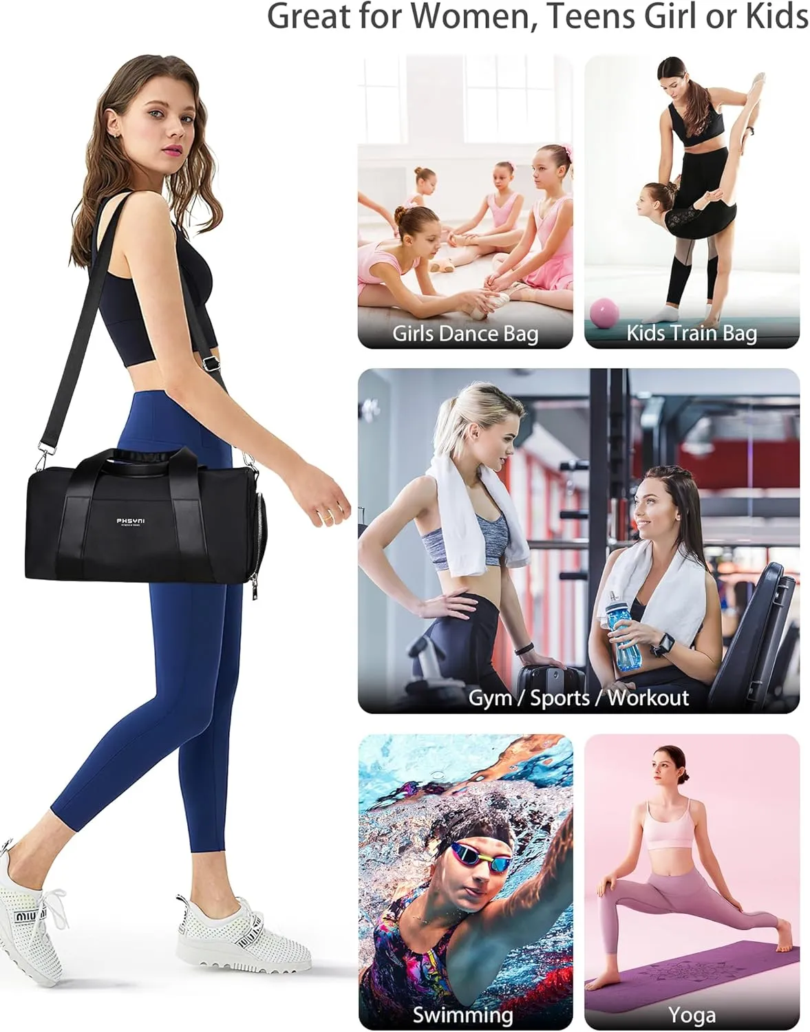 Compact Sports Gym Bag for Women and Men, Cute Mini Duffle Bag with Wet Pocket & Shoes Compartment, Personal Item Travel Workout Bag, 16"-Small, Black