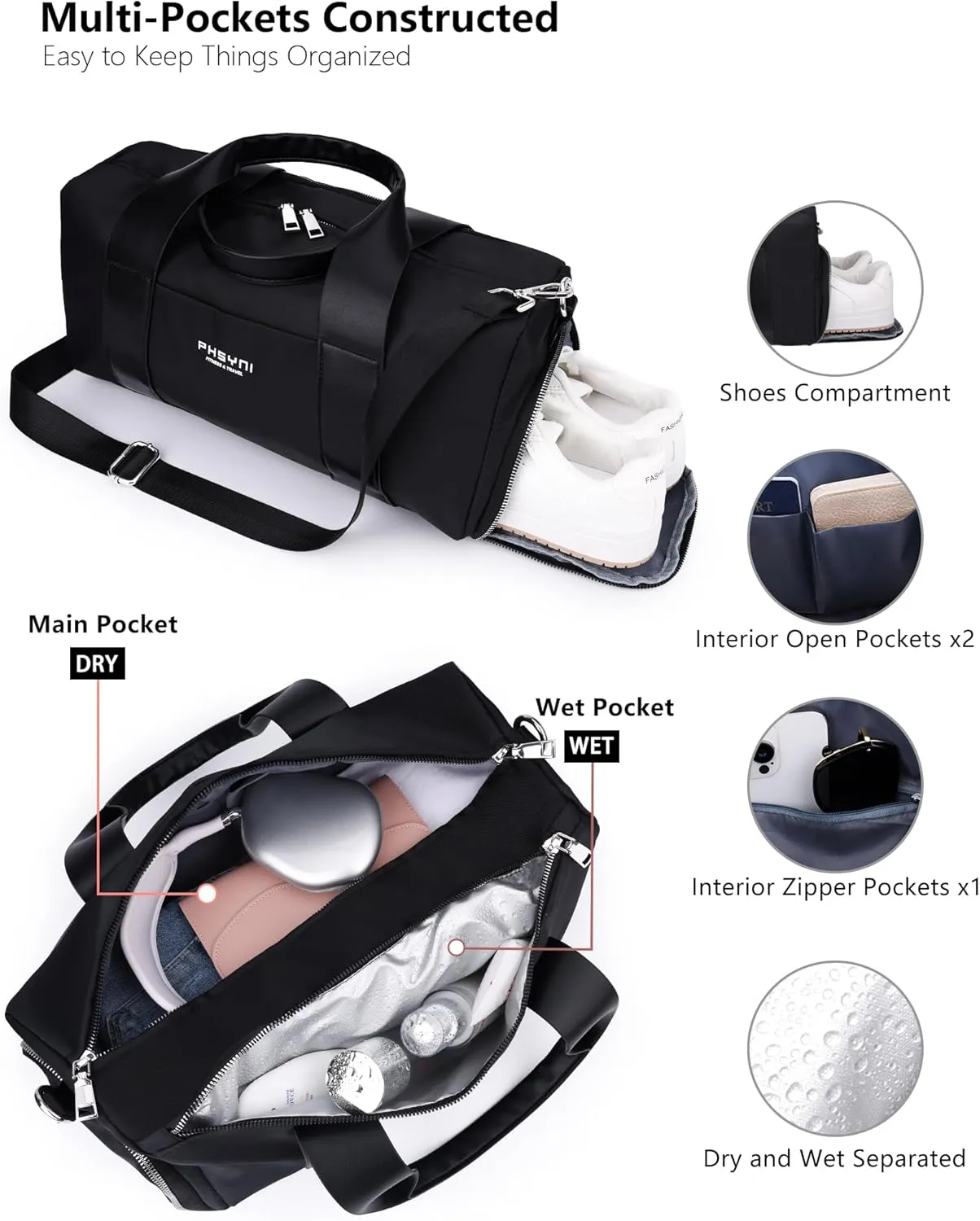 Compact Sports Gym Bag for Women and Men, Cute Mini Duffle Bag with Wet Pocket & Shoes Compartment, Personal Item Travel Workout Bag, 16"-Small, Black