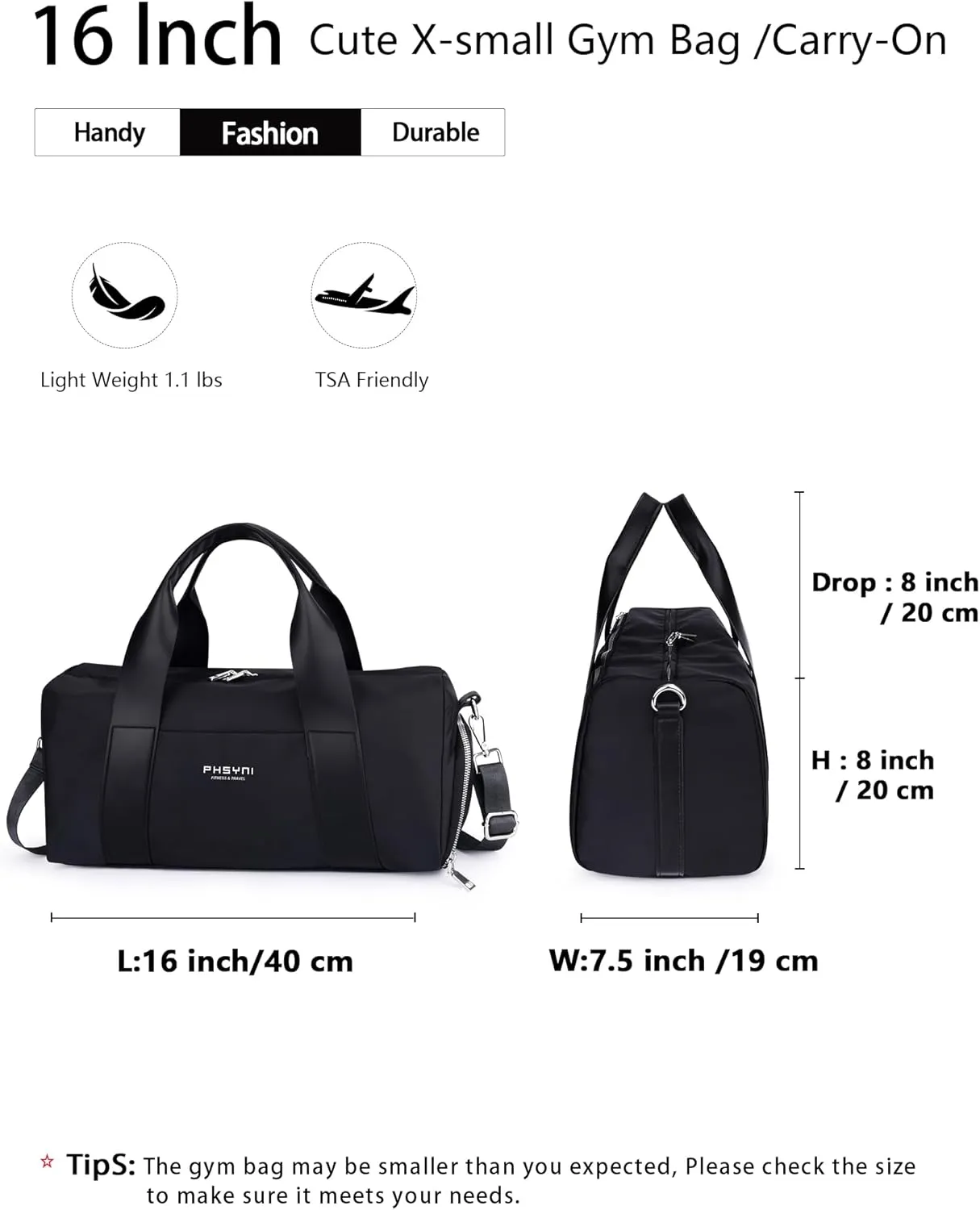 Compact Sports Gym Bag for Women and Men, Cute Mini Duffle Bag with Wet Pocket & Shoes Compartment, Personal Item Travel Workout Bag, 16"-Small, Black