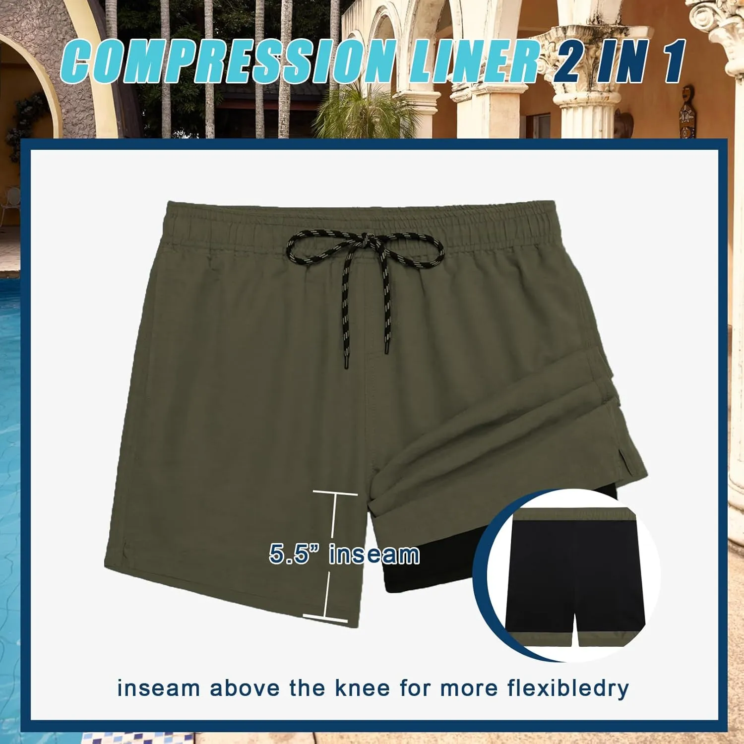COOFANDY Men Swim Trunk with Compression Liner 2 in 1 Swimwear Bathing Suit Quick Dry Board Short