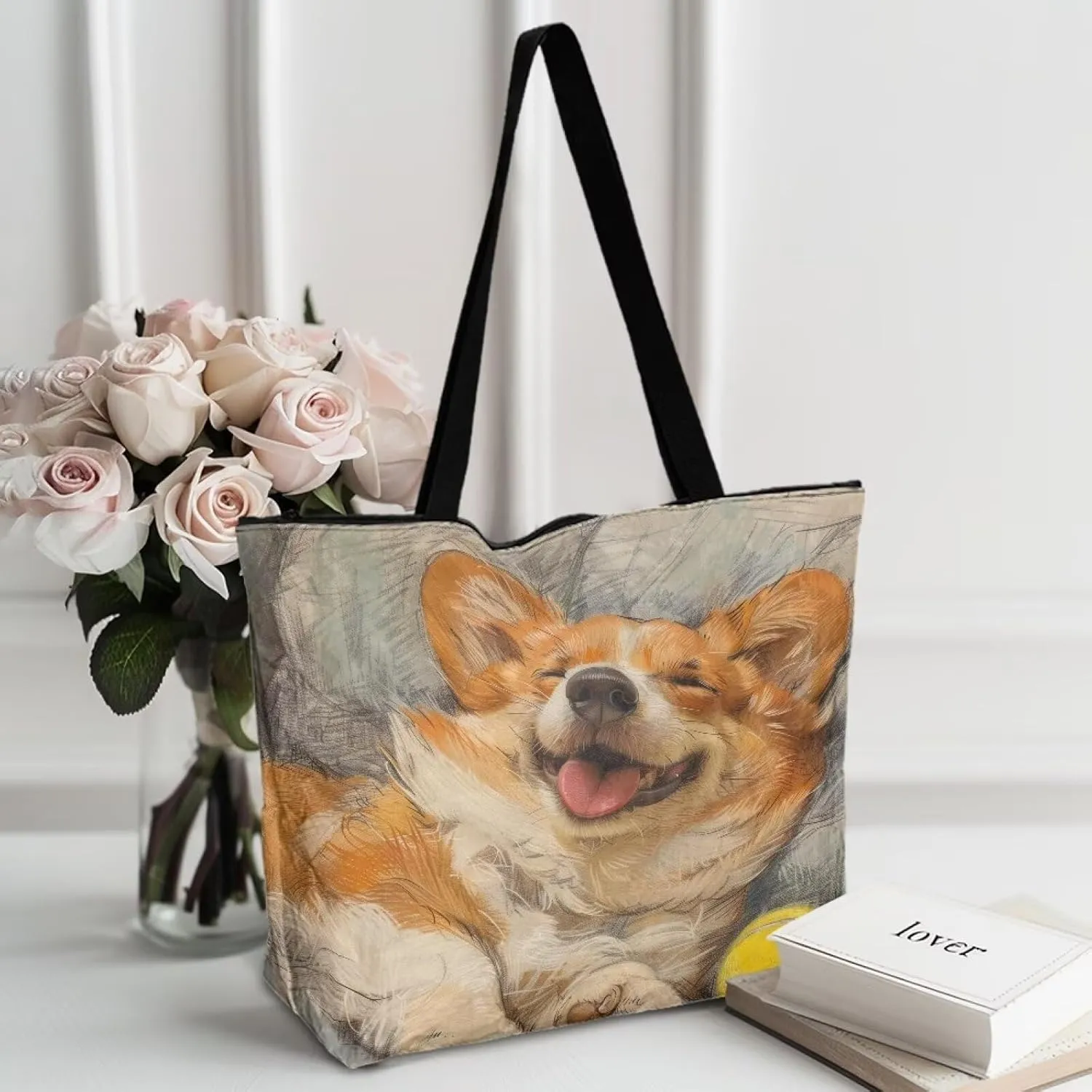 Corgi Dog Foldable Tote Bags, Daisy Flower Plum Blossom Handbag, Ethnic Tribal Stripe Reusable Paper Commute Bag
