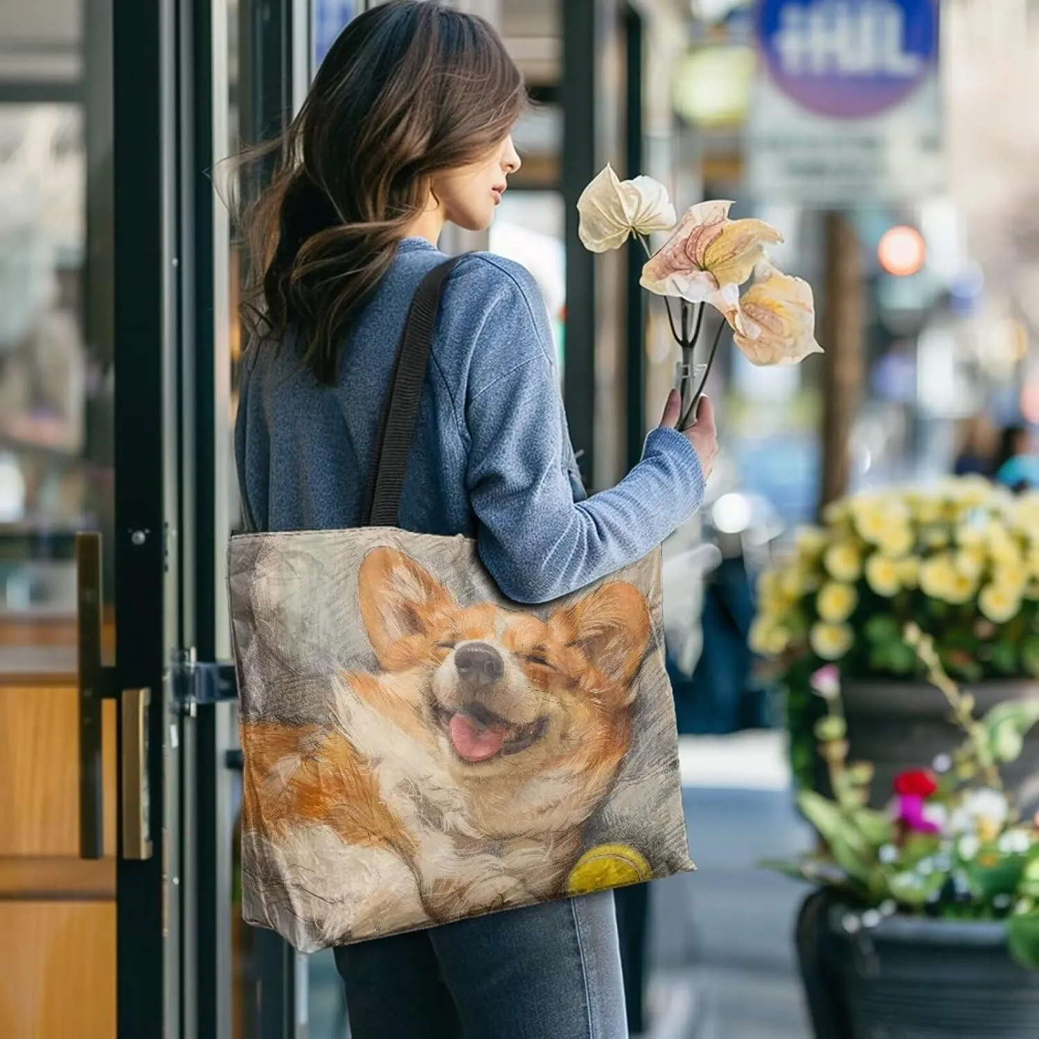 Corgi Dog Foldable Tote Bags, Daisy Flower Plum Blossom Handbag, Ethnic Tribal Stripe Reusable Paper Commute Bag