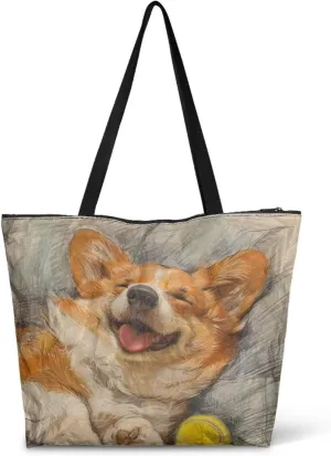 Corgi Dog Foldable Tote Bags, Daisy Flower Plum Blossom Handbag, Ethnic Tribal Stripe Reusable Paper Commute Bag