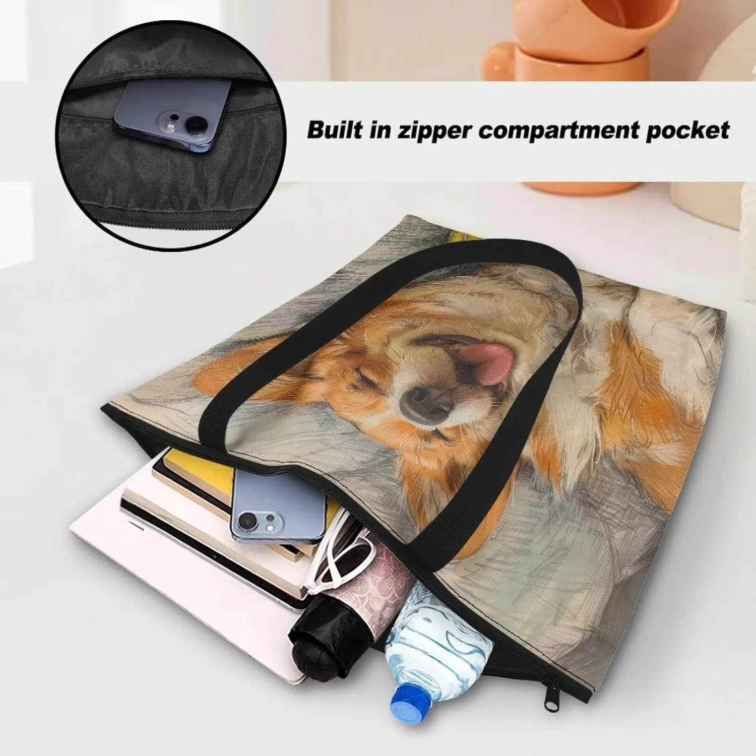 Corgi Dog Foldable Tote Bags, Daisy Flower Plum Blossom Handbag, Ethnic Tribal Stripe Reusable Paper Commute Bag