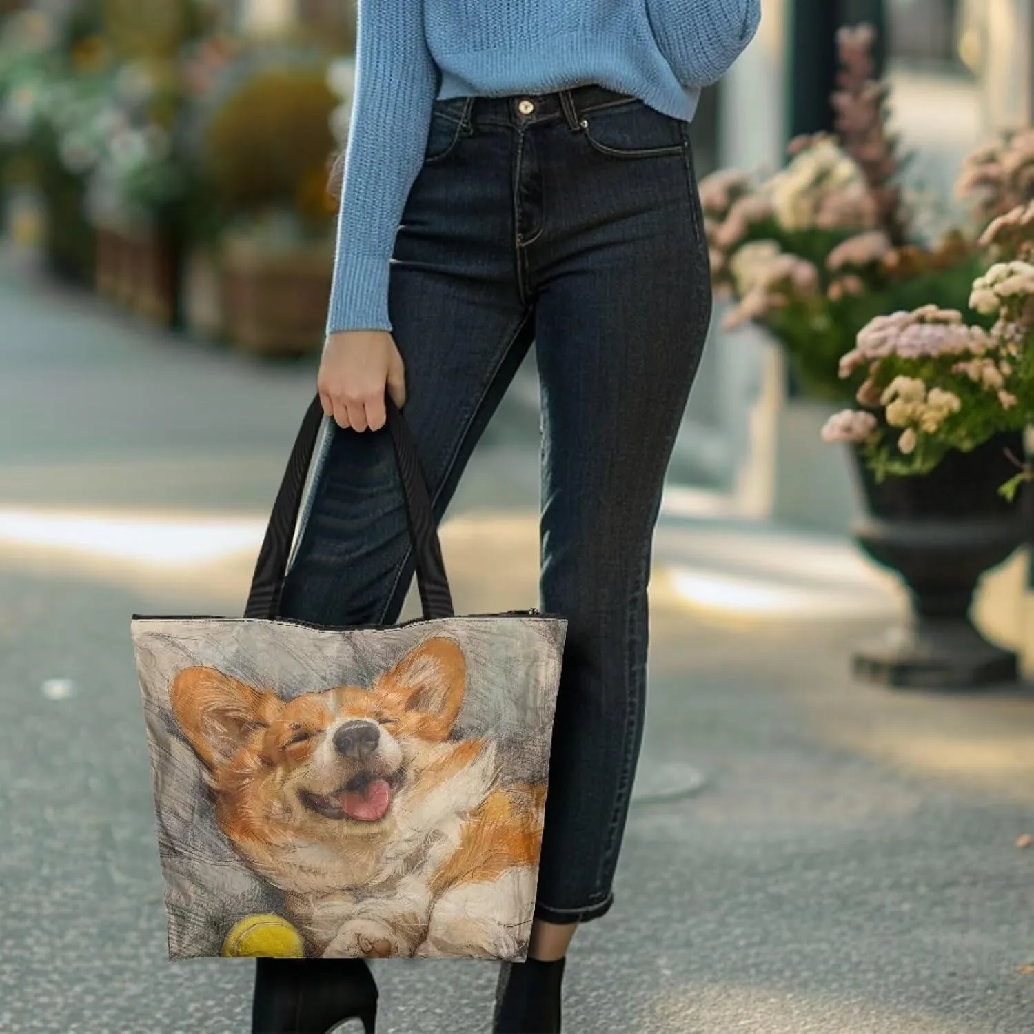 Corgi Dog Foldable Tote Bags, Daisy Flower Plum Blossom Handbag, Ethnic Tribal Stripe Reusable Paper Commute Bag